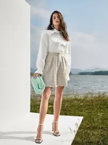 SHEIN Zipper Fly Fold Pleated Raw Hem Plaid Tweed Shorts - Multicolor - View 8