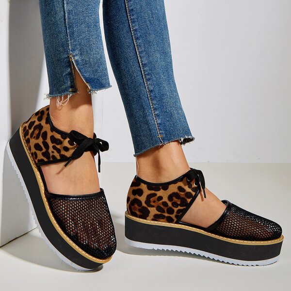 

Leopard Hollow Out Flatform Wedges, Black