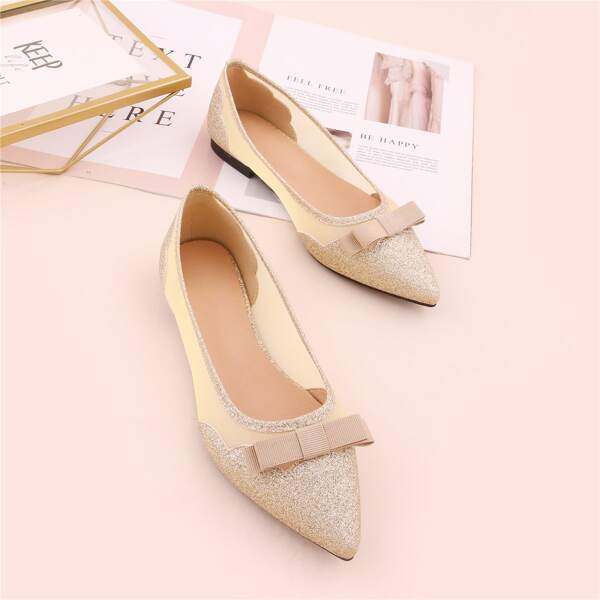 

Bow & Glitter Decor Sheer Mesh Flats, Gold