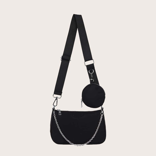 

Minimalist Chain Baguette Bag With Coin Case, Black