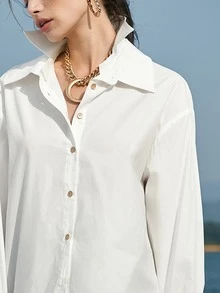 BizChic Drop Shoulder Curved Hem Solid Blouse - White - View 4