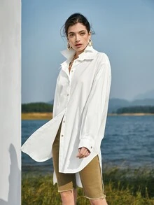 BizChic Drop Shoulder Curved Hem Solid Blouse - White - View 5