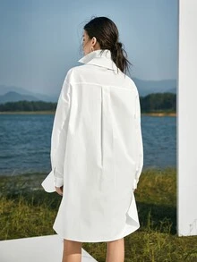 BizChic Drop Shoulder Curved Hem Solid Blouse - White - View 6