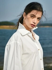 BizChic Drop Shoulder Curved Hem Solid Blouse - White - View 7