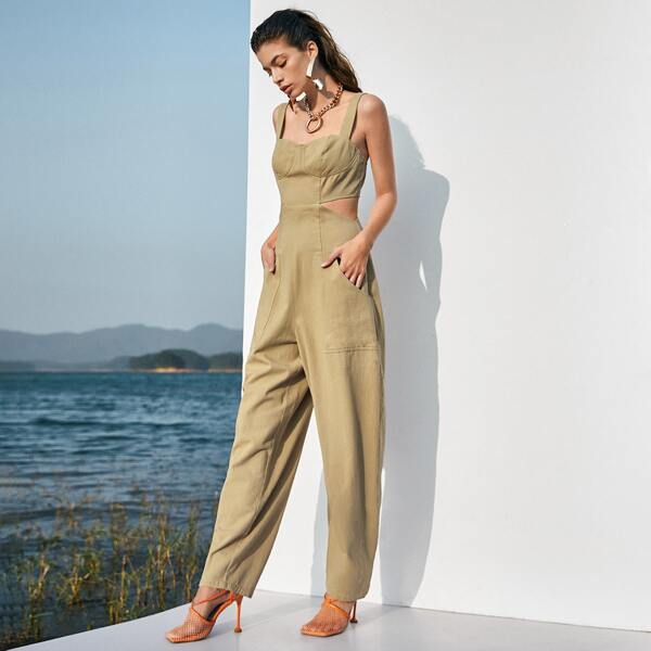 

Zipper Back Cutout Detail Jumpsuit, Khaki