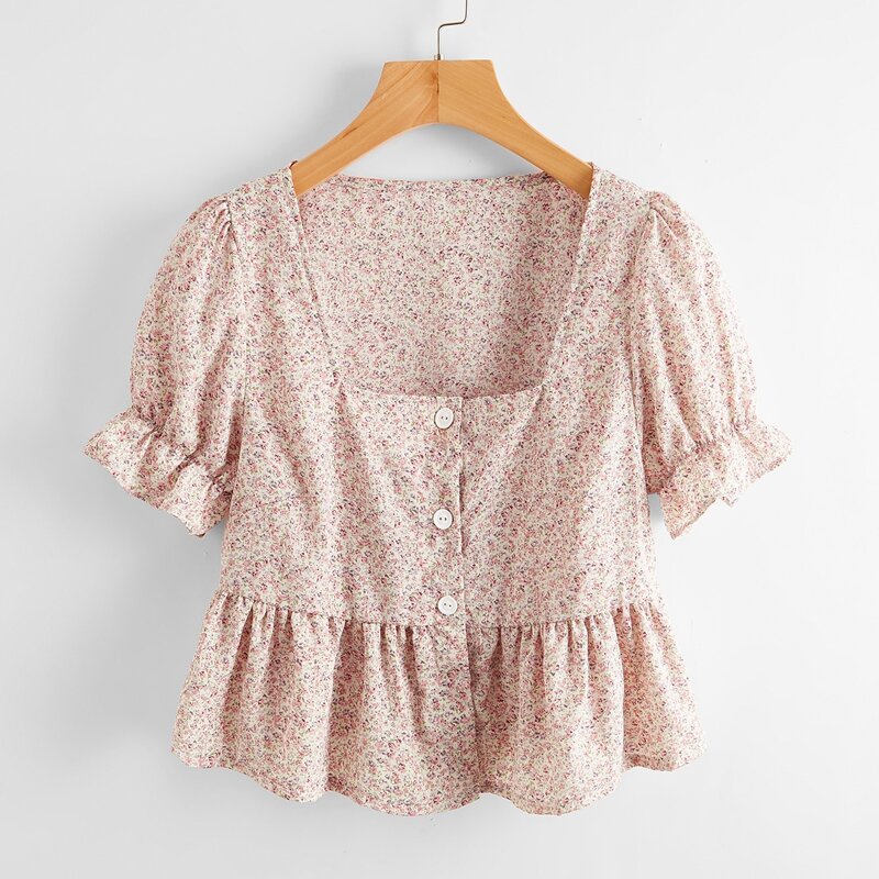 

Ditsy Flower Button Front Ruffle Hem Blouse, Multicolor