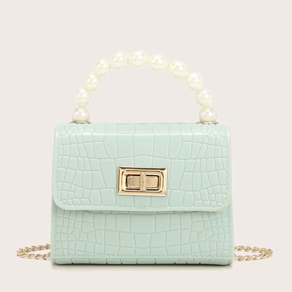 

Mini Turn-Lock Croc Embossed Satchel Bag, Green