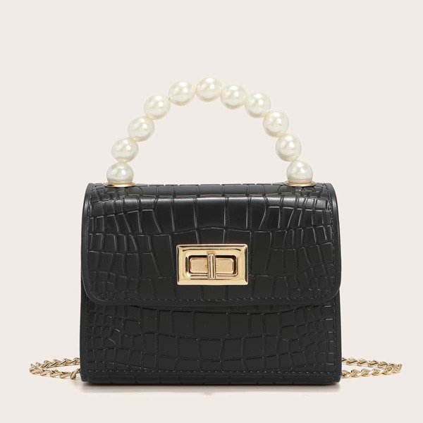 

Mini Turn-Lock Croc Embossed Satchel Bag, Black