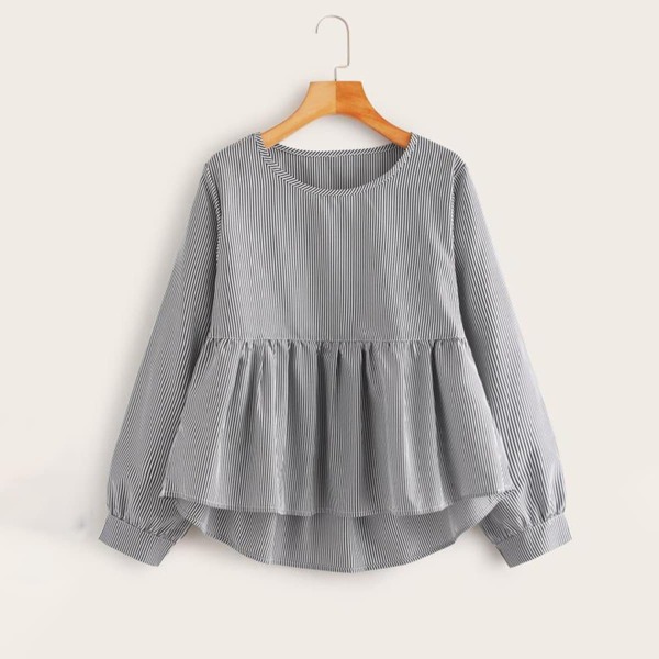 

Plus Vertical Striped Ruffle Hem Blouse, Black and white