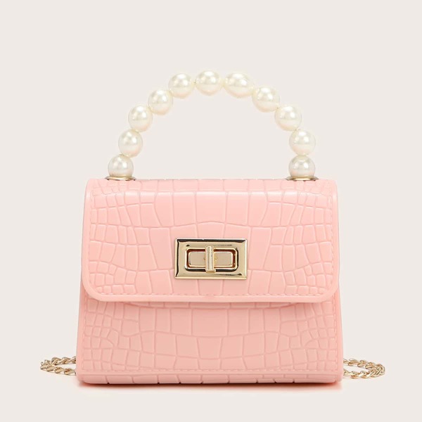 

Mini Turn-Lock Croc Embossed Satchel Bag, Pink