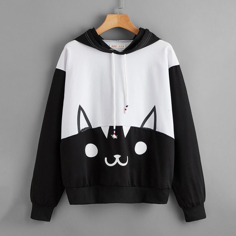 

Cartoon Graphic Colorblock Drawstring Hoodie, Black and white