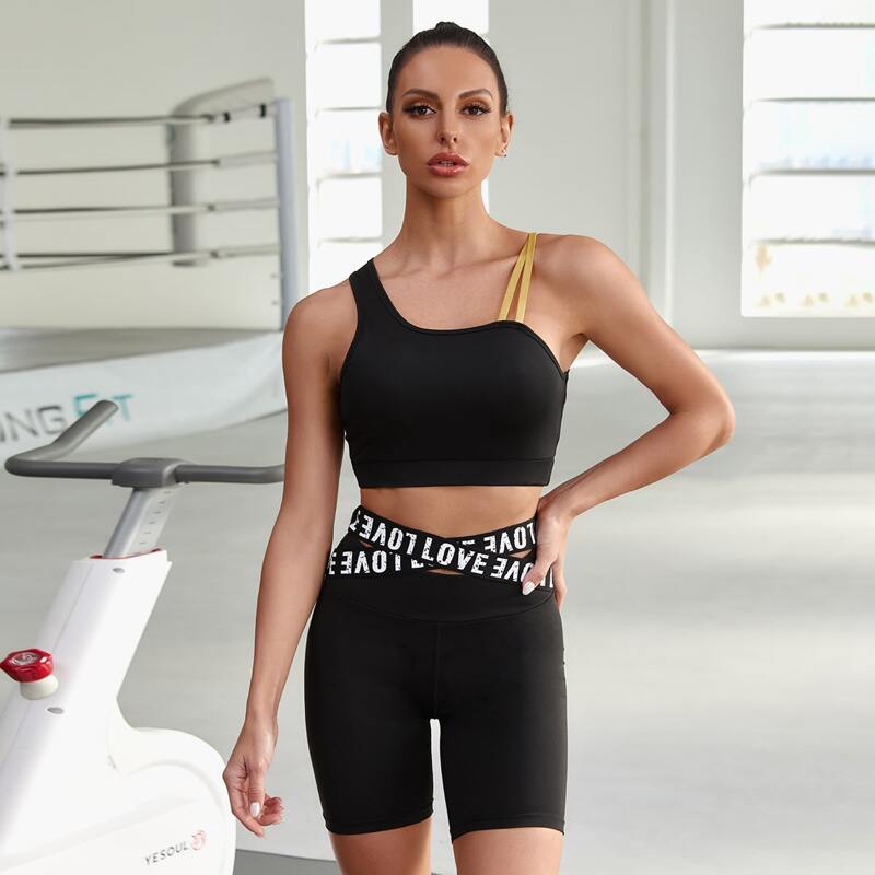 

Medium Support Asymmetrical Neck Cut Out Sports Bra, Black