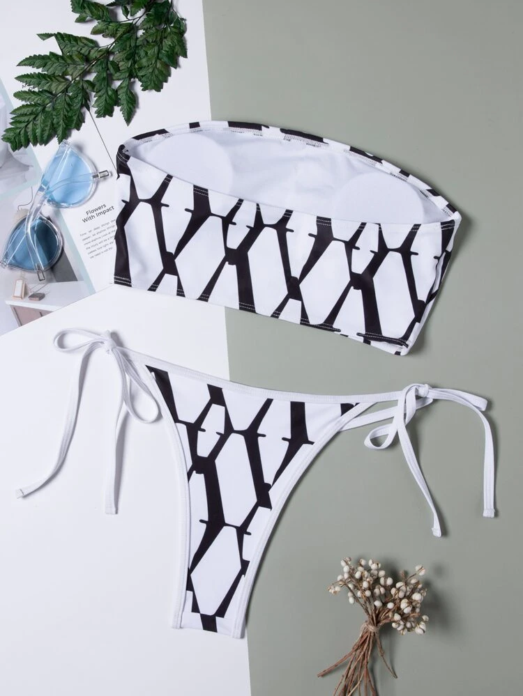 Allover Graphic Bandeau Thong Bikini Set Summer Beach