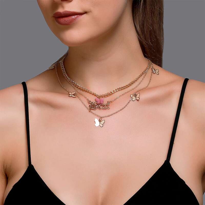 

Butterfly & Letter Layered Chain Necklace, Gold