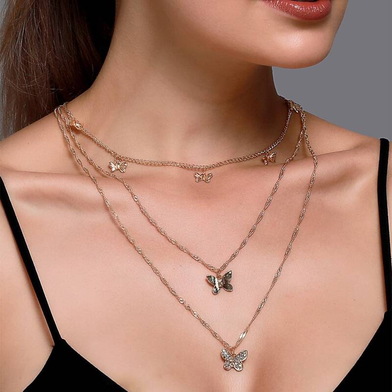 

Rhinestone Butterfly Layered Necklace, Gold