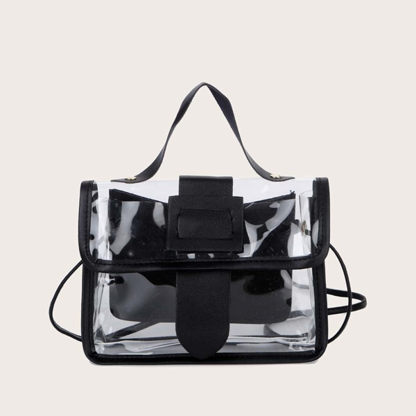 

Clear Buckle Decor Satchel Bag With Inner Pouch, Black
