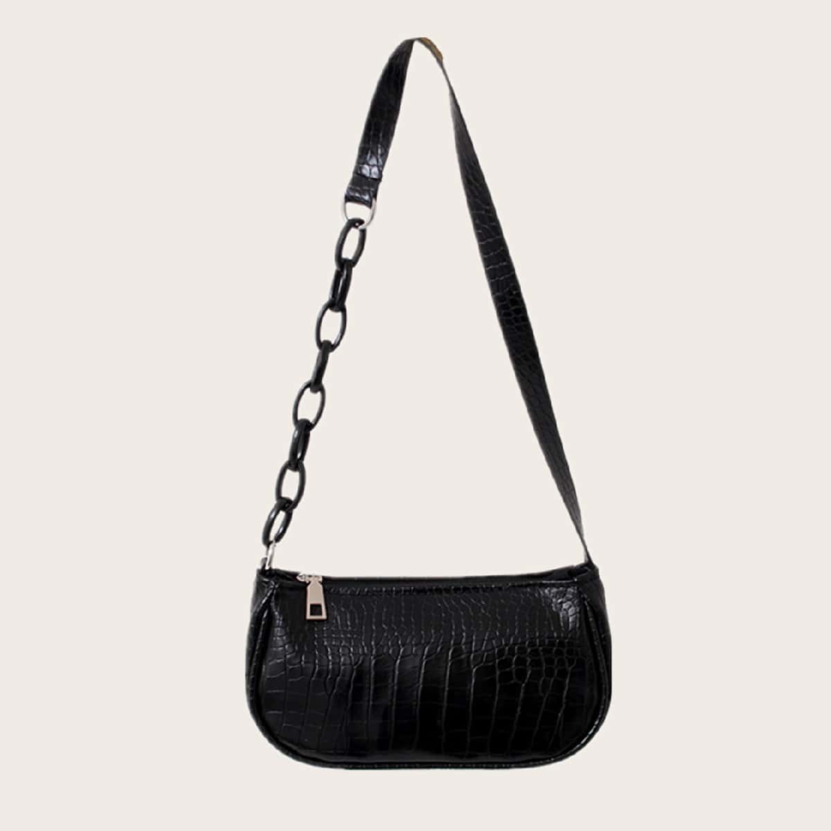 

Croc Embossed Baguette Bag, Black