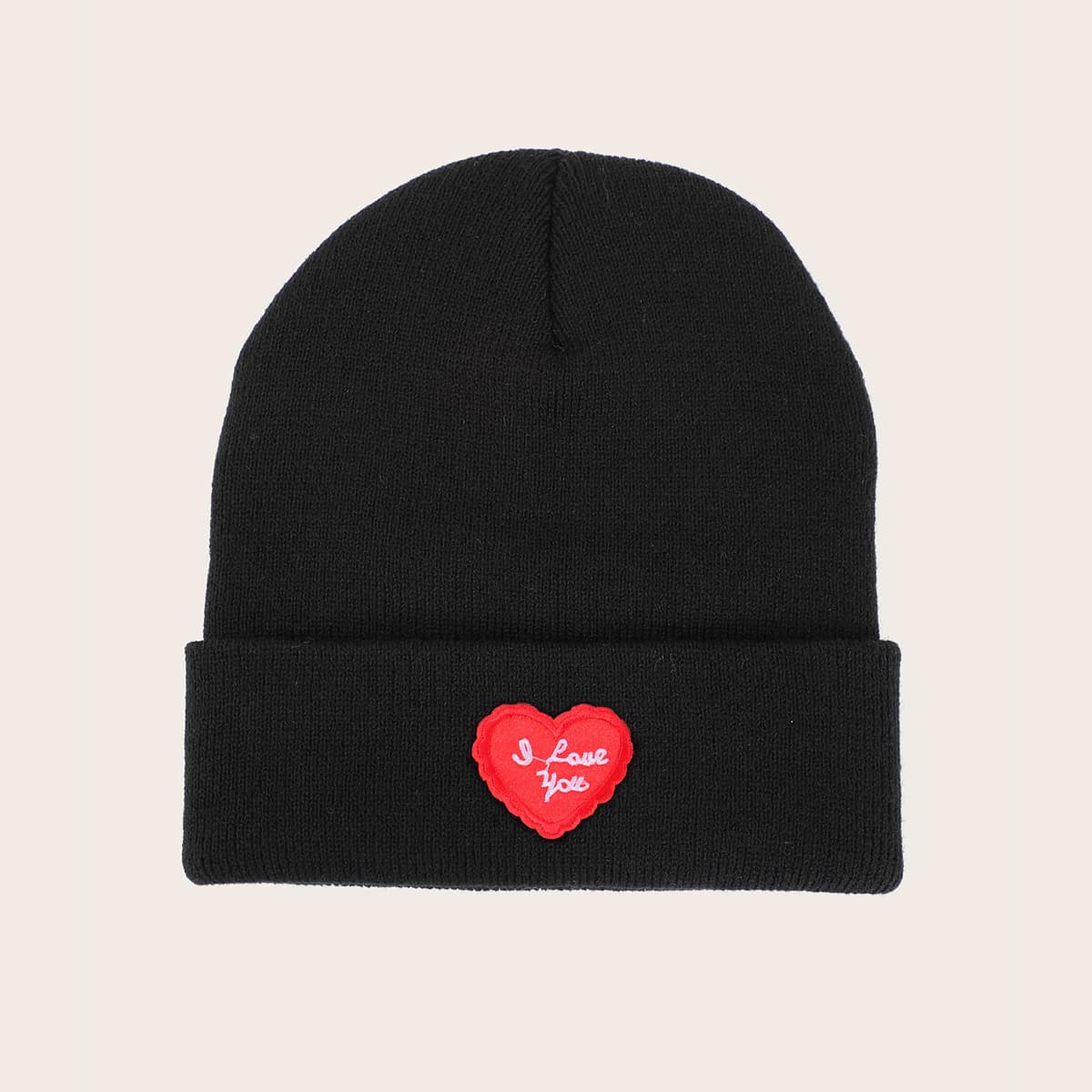 

Heart Embroidery Knit Beanie, Black