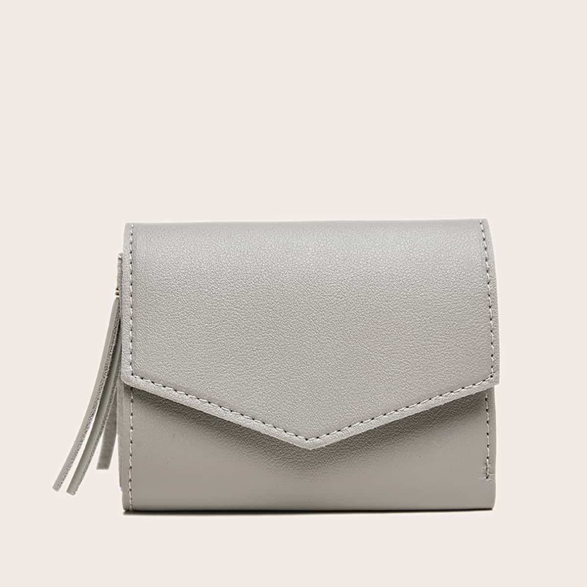 

Solid Tassel Decor Fold Over Purse, Grey