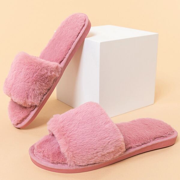 

Open Toe Wide Fit Fluffy Slippers, Pink