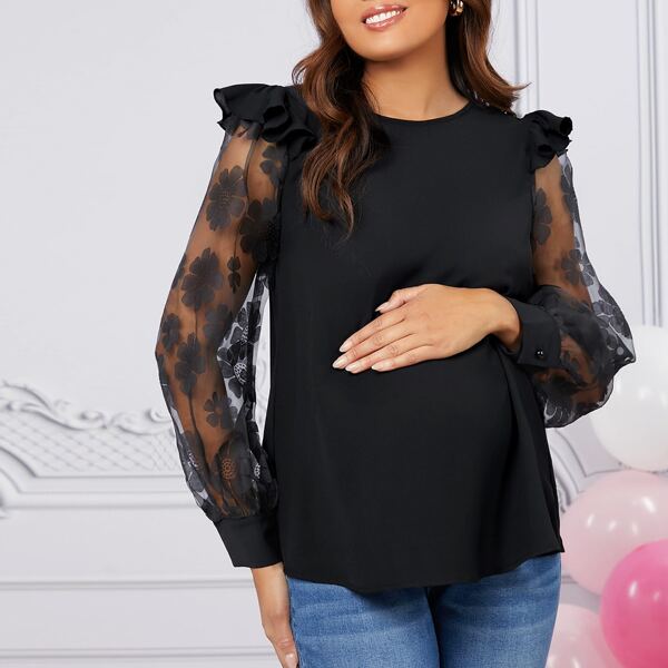 

Maternity Ruffle Trim Floral Organza Sleeve Top, Black