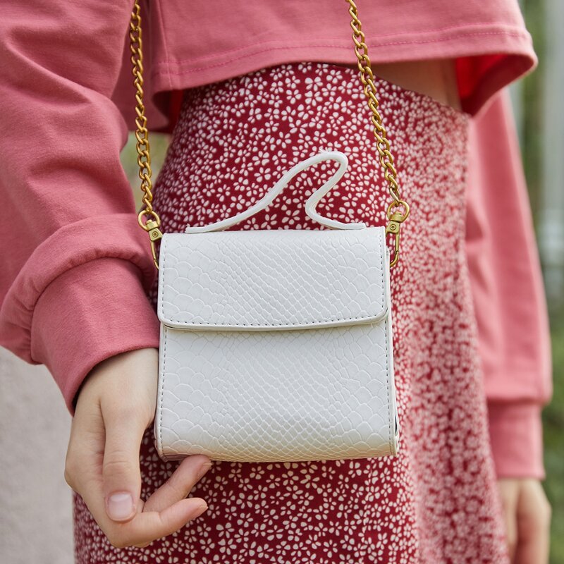 

Mini Snakeskin Satchel Bag, White