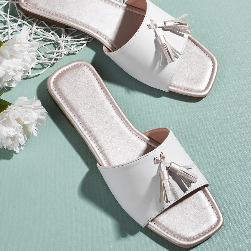 

Tassel Decor Slide Sandals, Champagne