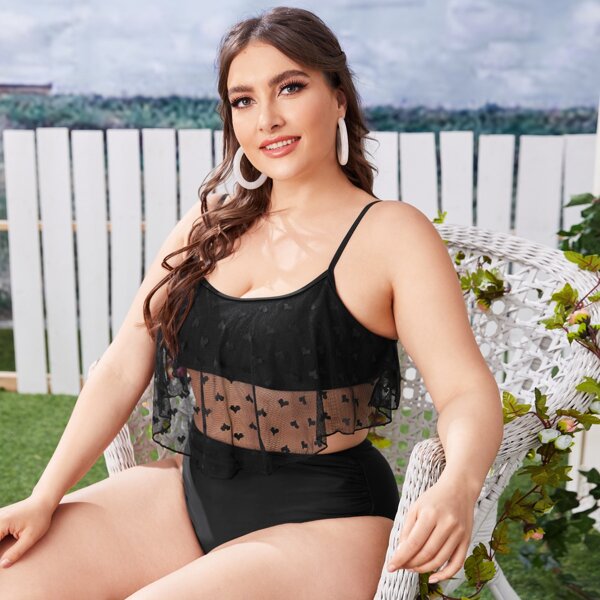 

Plus Heart Print Mesh Ruched Bikini Swimsuit, Black