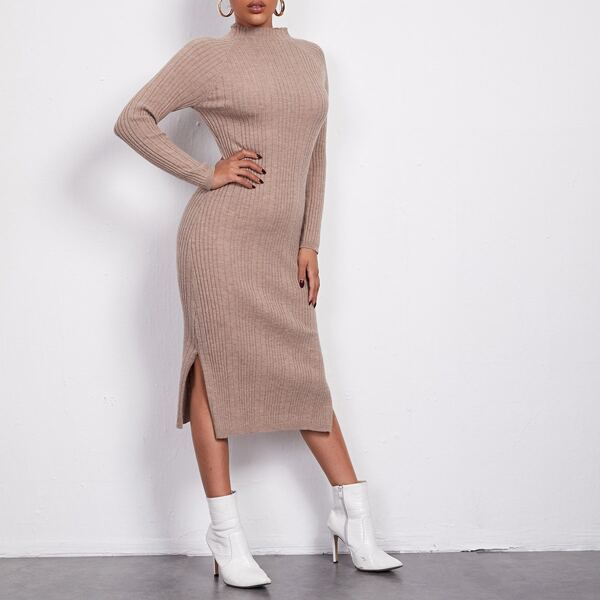 

Mock-Neck Split Side Rib-knit Sweater Dress, Apricot