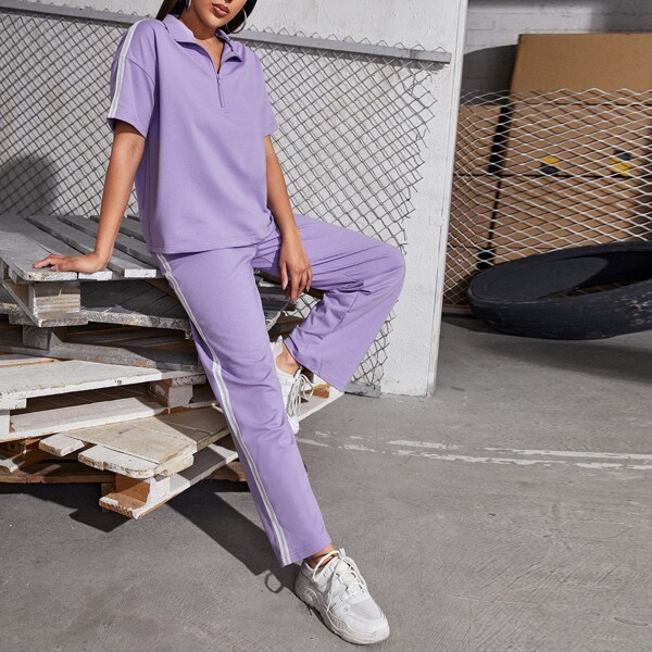 

Striped Tape Half Zip Tee With Sweatpants, Lilac purple