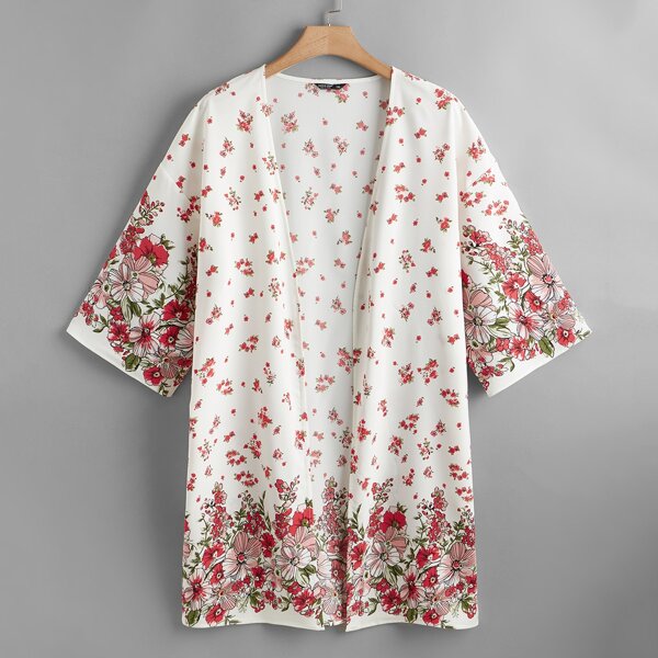 

Plus Floral Print Open Front Kimono, Red and white