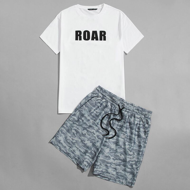 

Guys Letter Graphic Top & Drawstring Waist Camo Short Set, Multicolor
