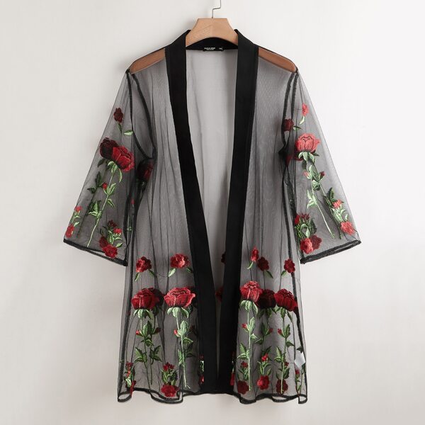 

Plus Floral Embroidery Mesh Sheer Kimono, Black