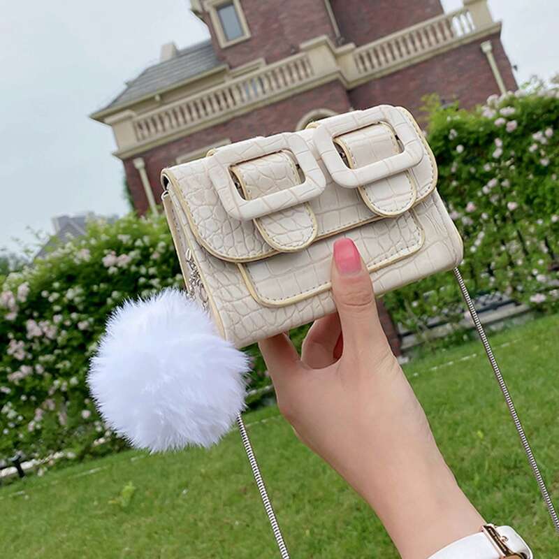 

Pom Pom Croc Embossed Mini Crossbody Bag, White