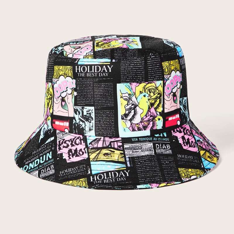 

Mixed Pattern Bucket Hat, Black