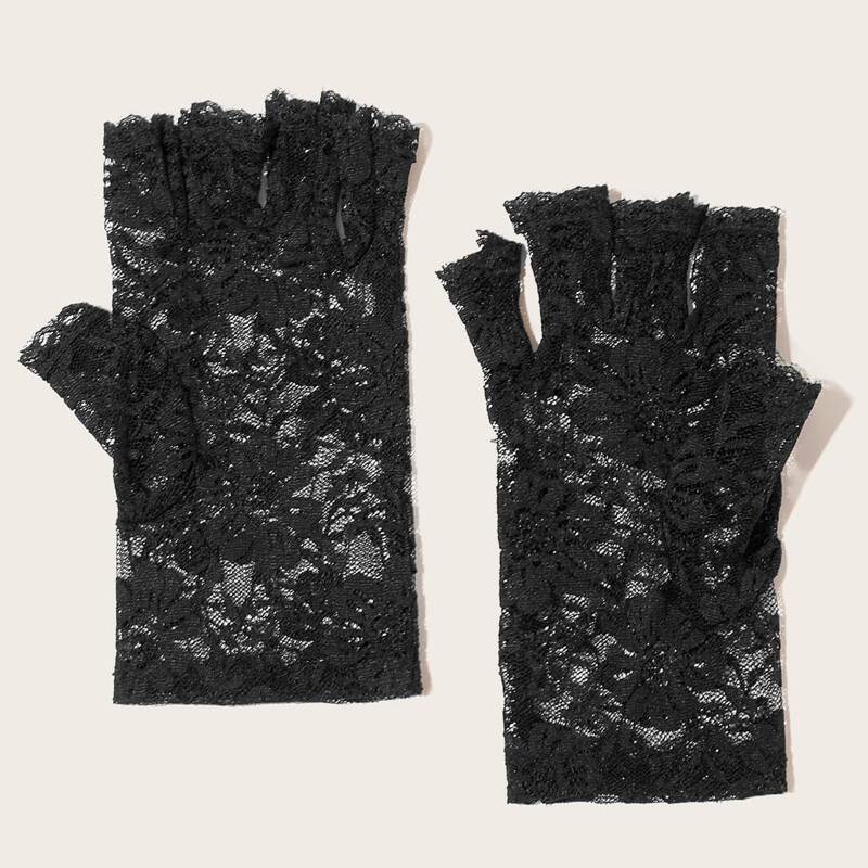 

1pair Floral Lace Gloves, Black