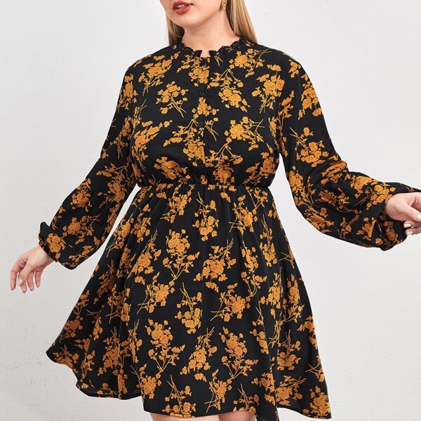 

Plus Allover Floral Half Button Dress, Multicolor