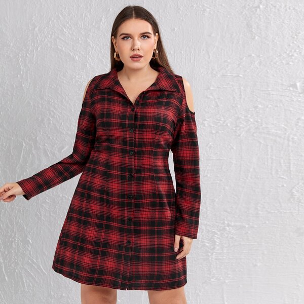 

Plus Tartan Plaid Cut Out Shoulder Shirt Dress, Multicolor