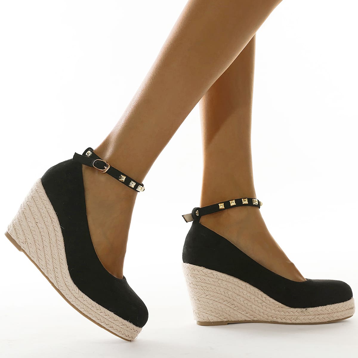 

Studded Decor Ankle Strap Espadrille Wedges, Black