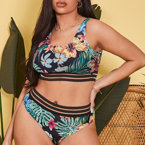 

Plus Floral & Tropical Print Bikini Swimsuit, Multicolor