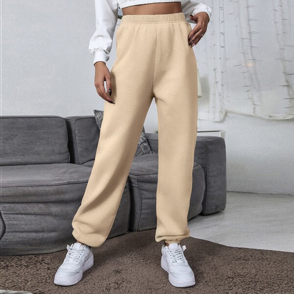 

Solid High Waisted Sweatpants, Apricot