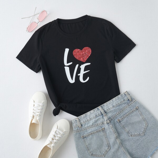 

Letter And Heart Print Tee, Black