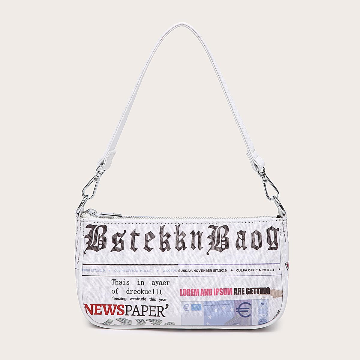 

Newspaper Print Baguette Bag, White