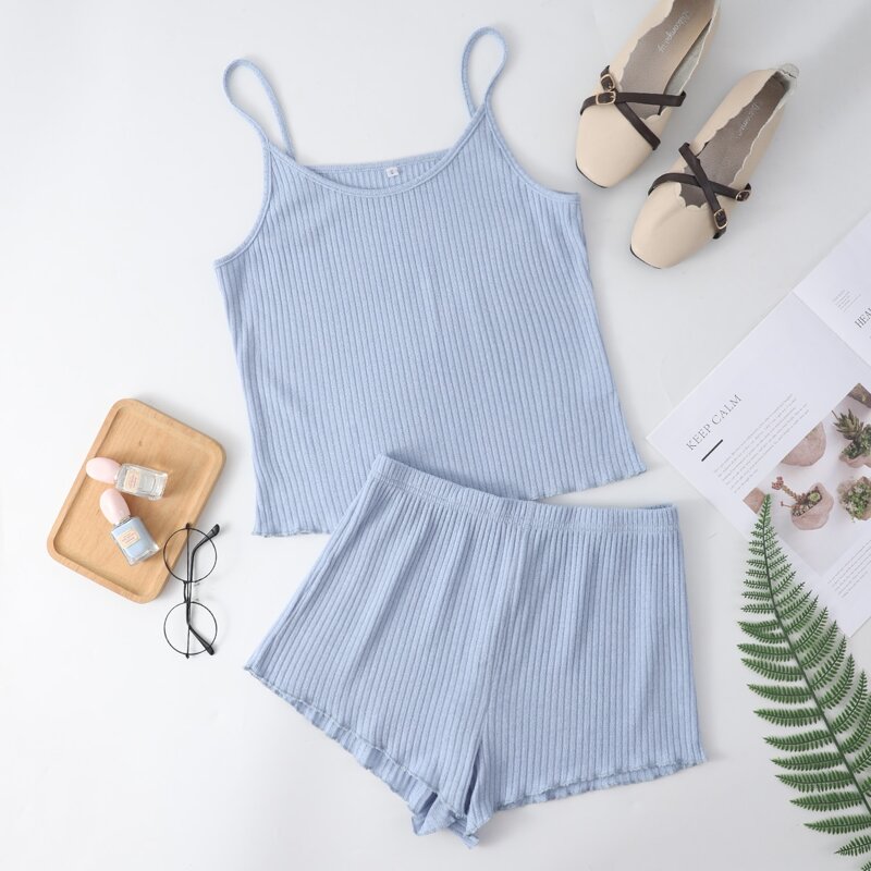 

Solid Rib-knit Lounge Set, Baby blue