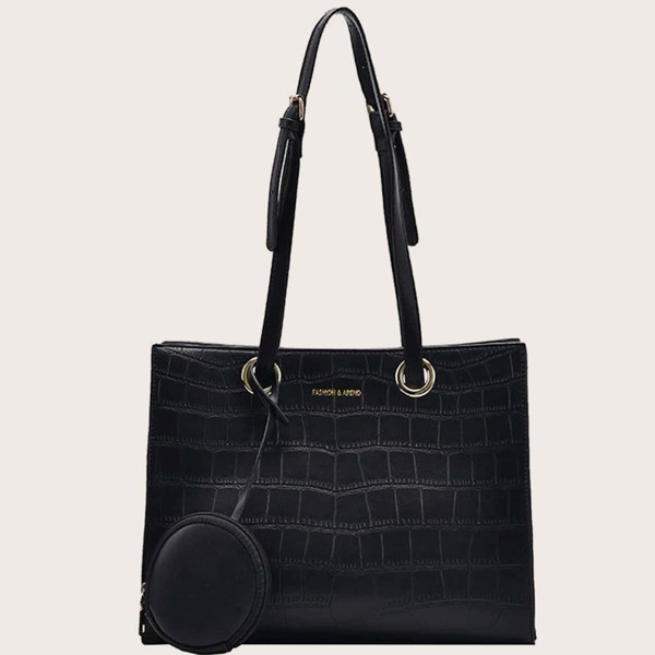 

Croc Embossed Tote Bag With Purse, Black