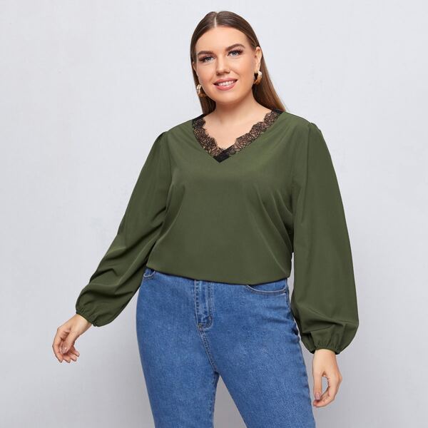 

Plus Contrast Lace Puff Sleeve Blouse, Army green