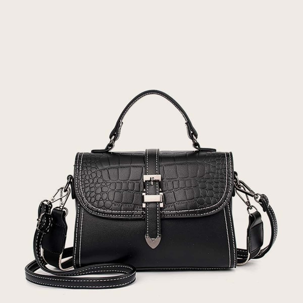 

Buckle Decor Croc Embossed Satchel Bag, Black