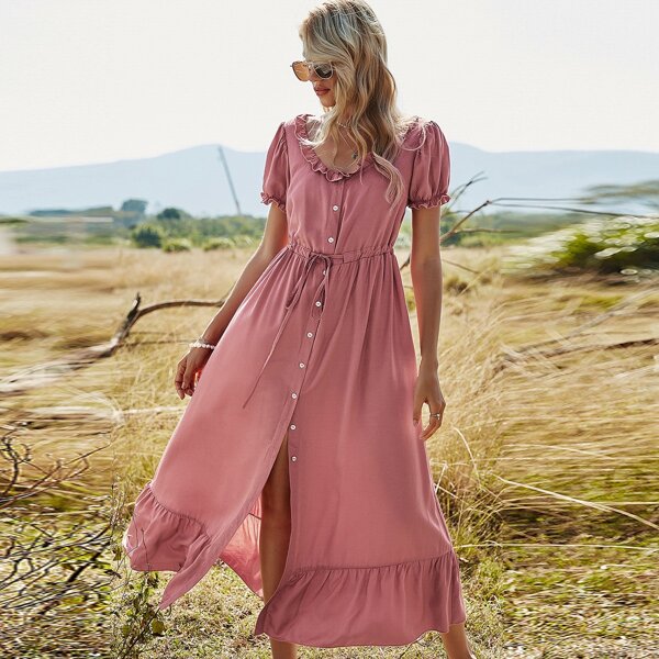 

Solid Frill Trim Drawstring Waist Dress, Dusty pink
