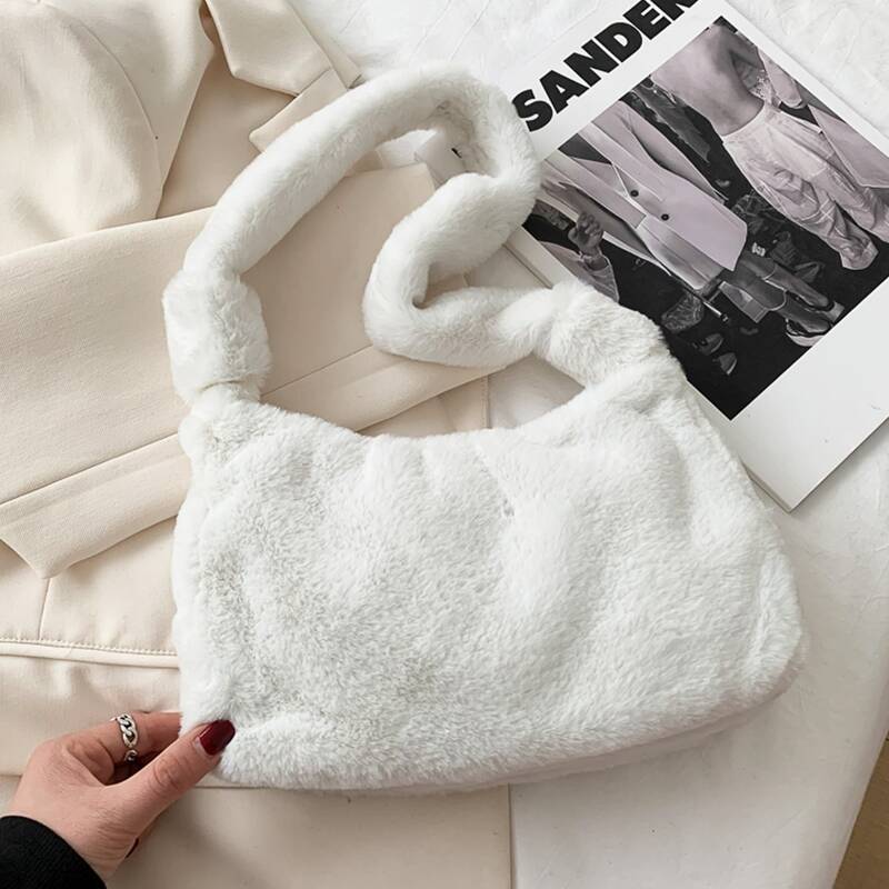 

Solid Fluffy Shoulder Bag, White