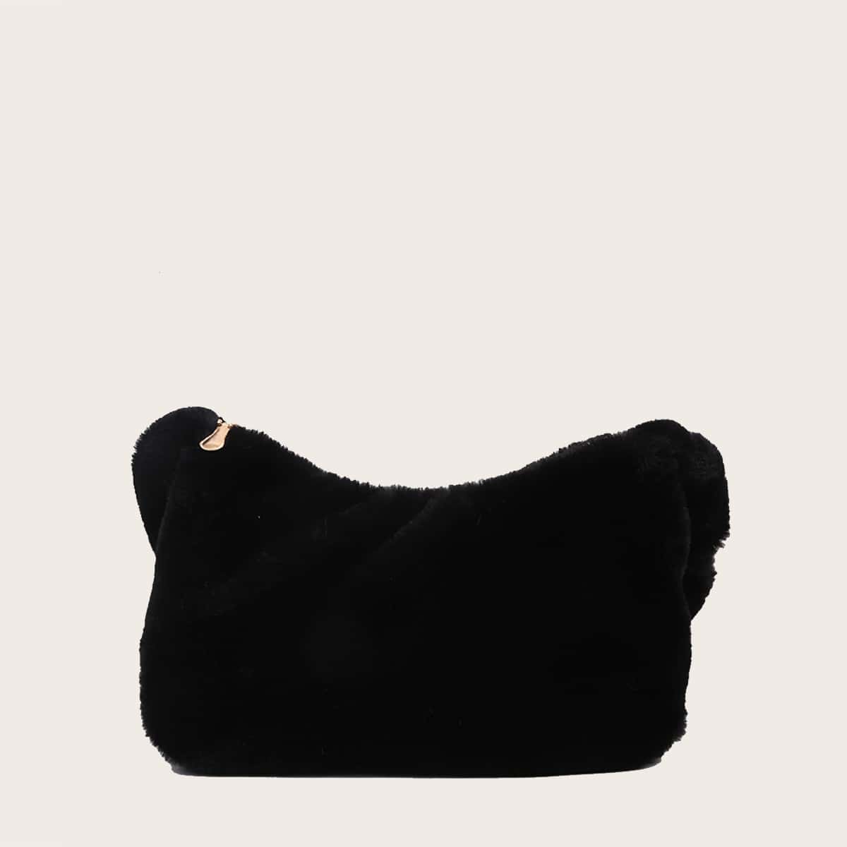 

Solid Fluffy Shoulder Bag, Black